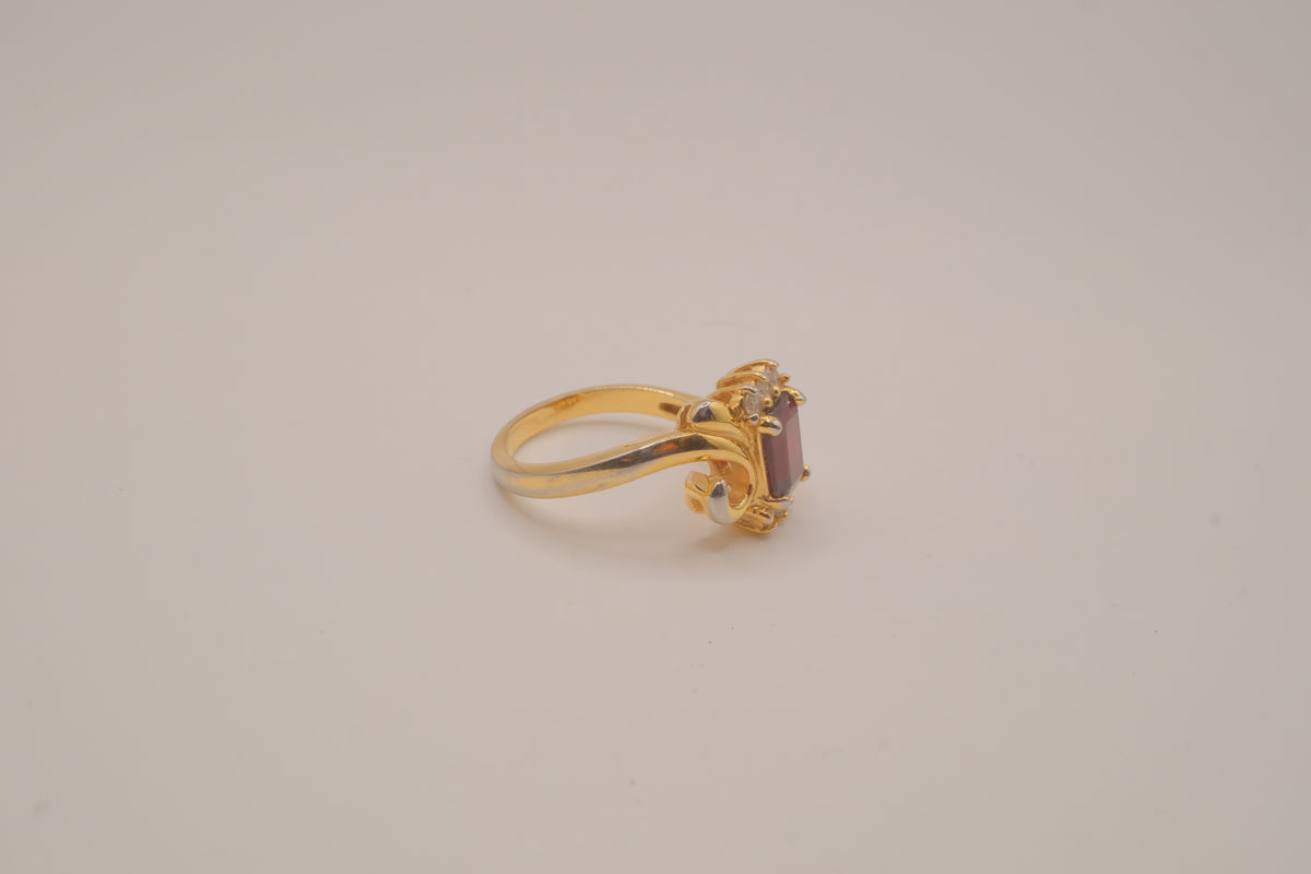 Vintage ornate emerald cut Red stone cocktail ring