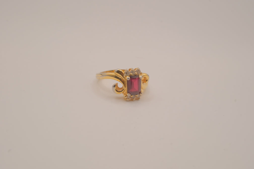 Vintage ornate emerald cut Red stone cocktail ring