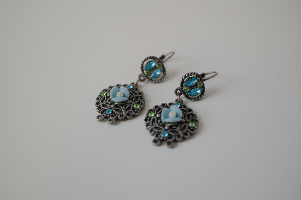 Vintage Blue green Filigree design drop earrings