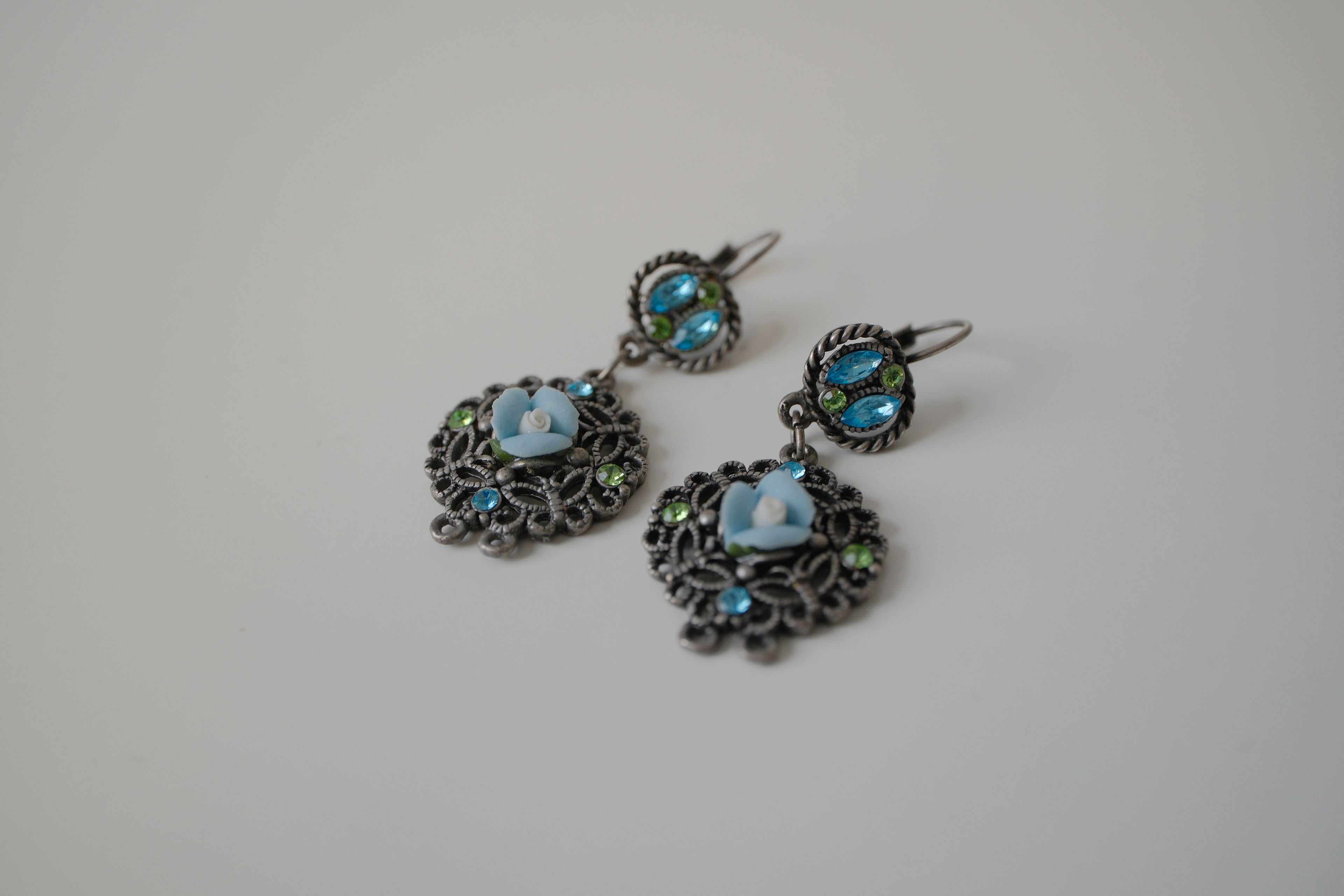 Vintage Blue green Filigree design drop earrings
