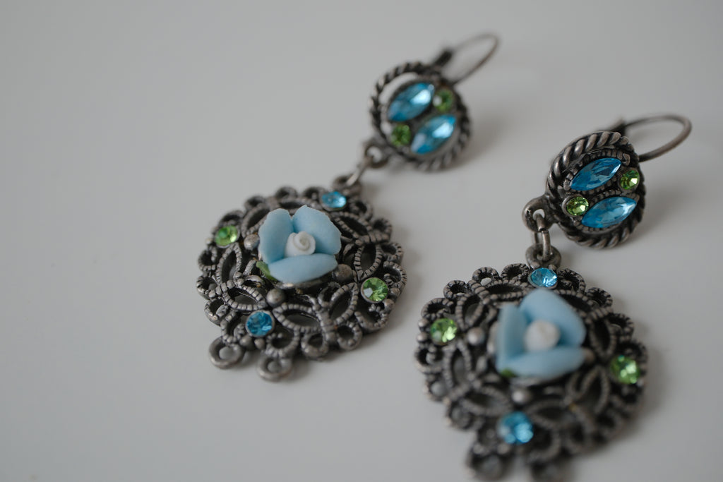Vintage Blue green Filigree design drop earrings