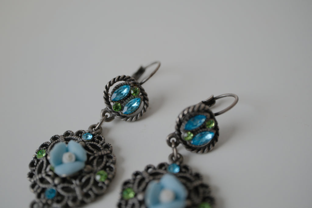 Vintage Blue green Filigree design drop earrings