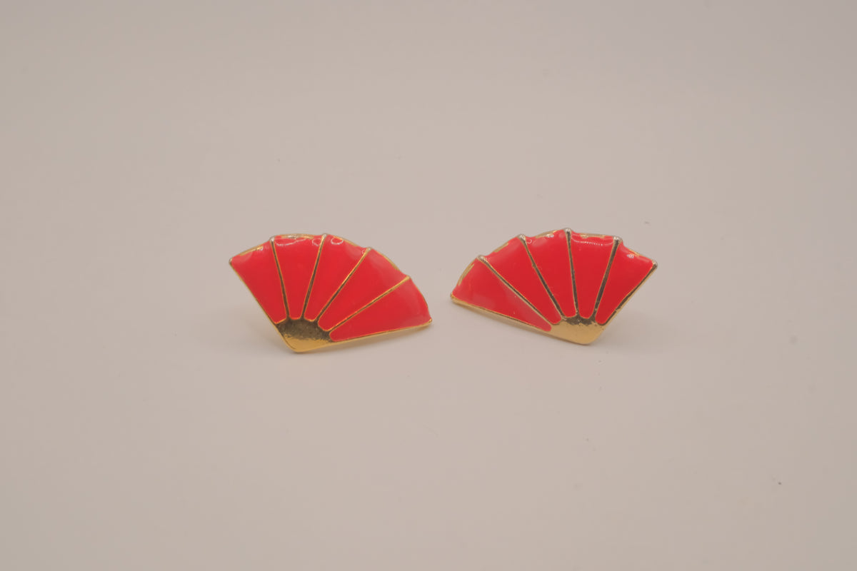 Vintage Japanese-style red enamel fan earrings