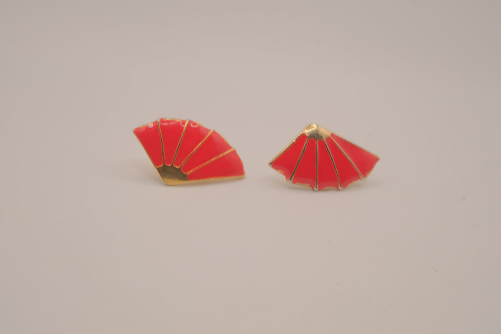 Vintage Japanese-style red enamel fan earrings