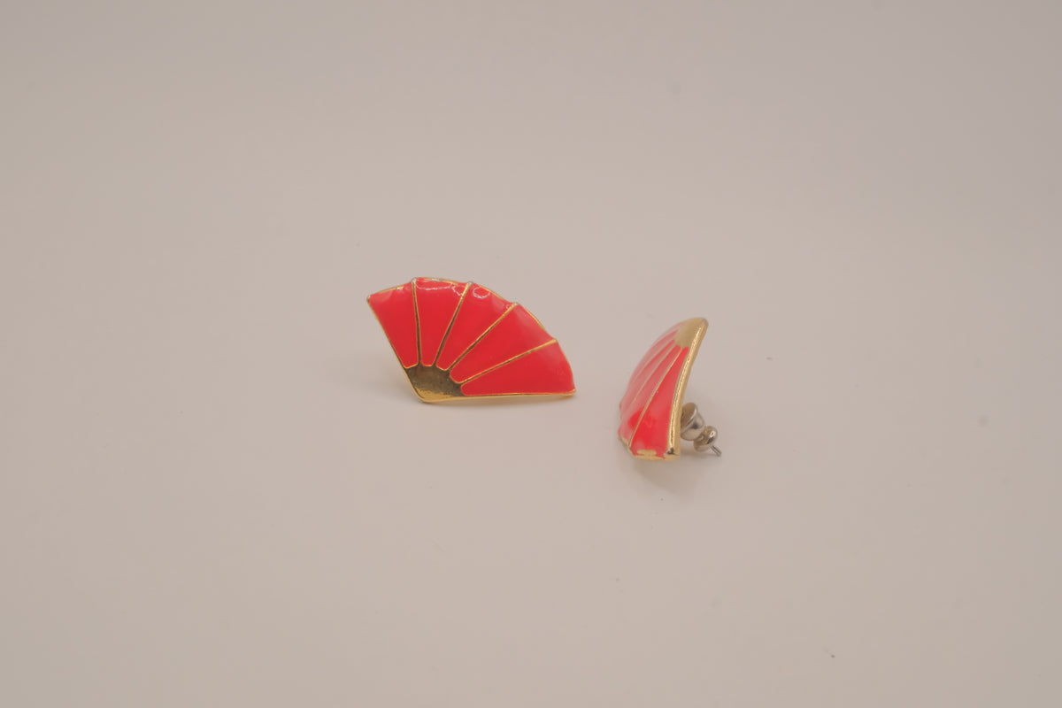 Vintage Japanese-style red enamel fan earrings