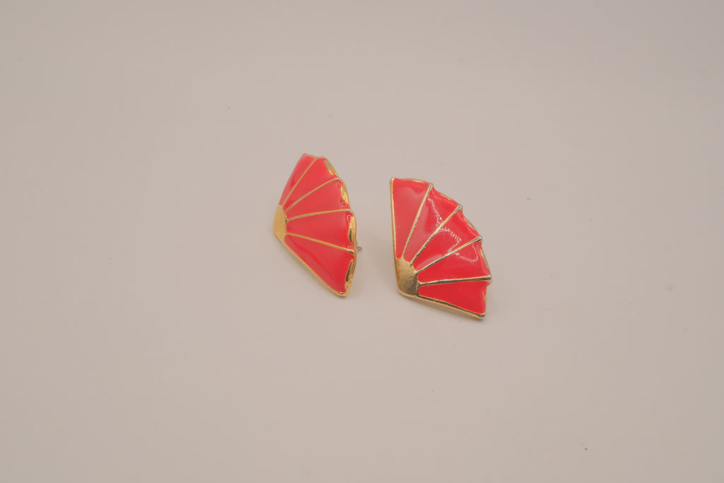 Vintage Japanese-style red enamel fan earrings