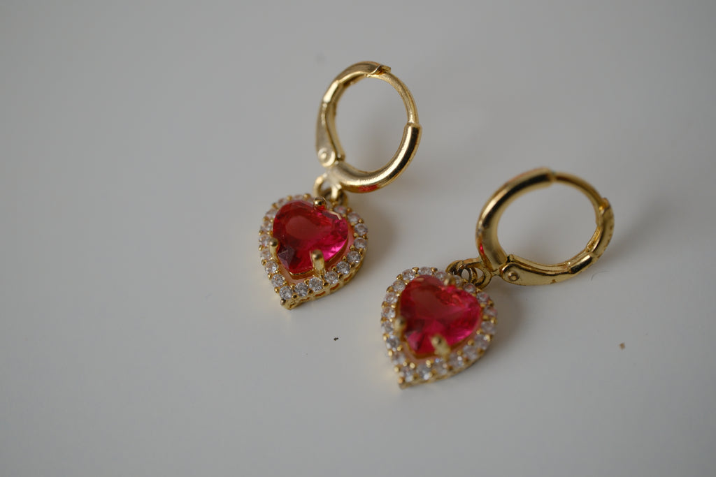 Vintage Gold toned Red heart drop earrings
