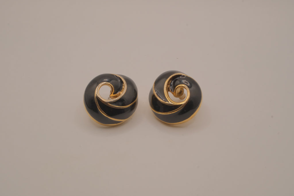 Vintage black enamel and gold-tone swirl button earrings