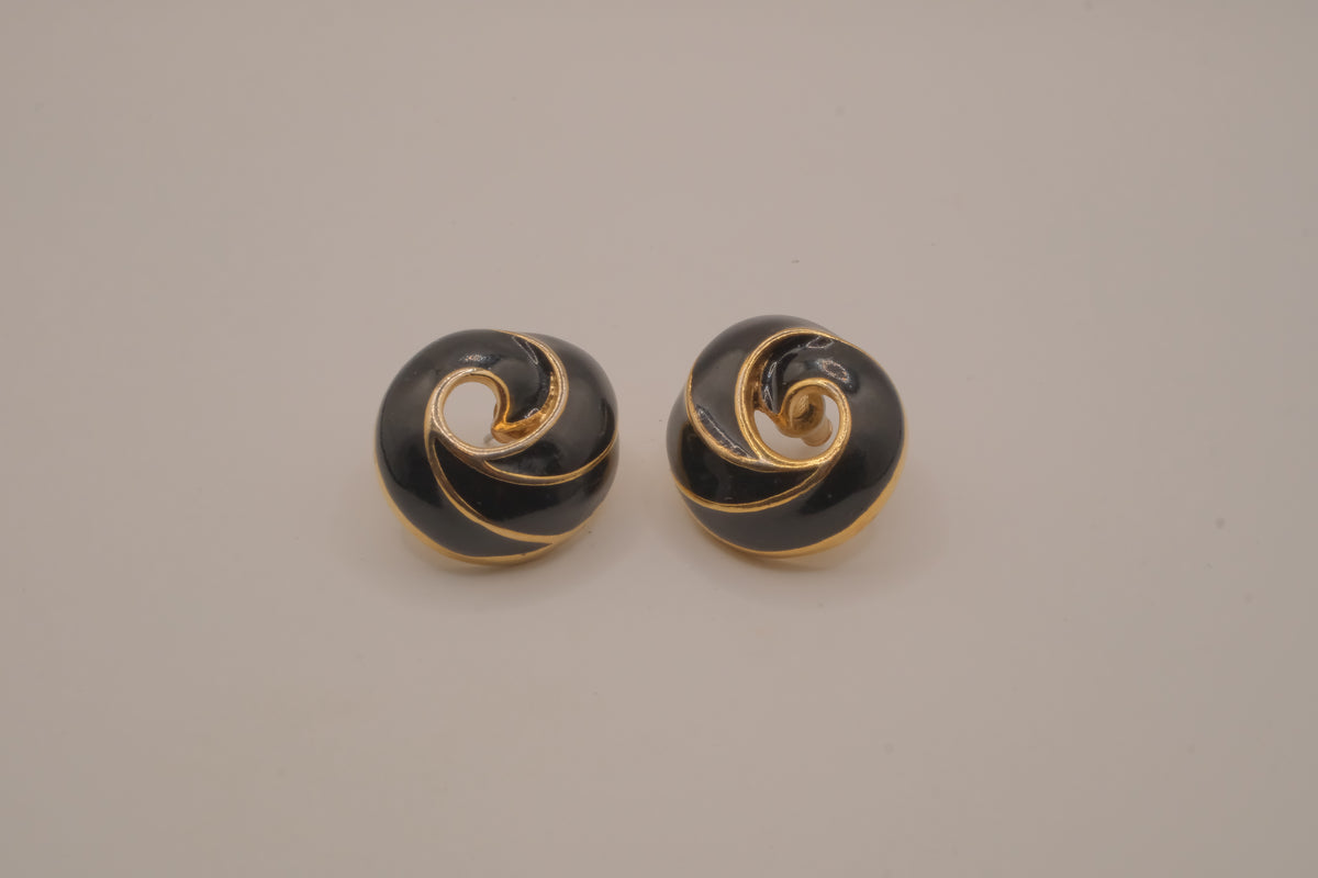 Vintage black enamel and gold-tone swirl button earrings