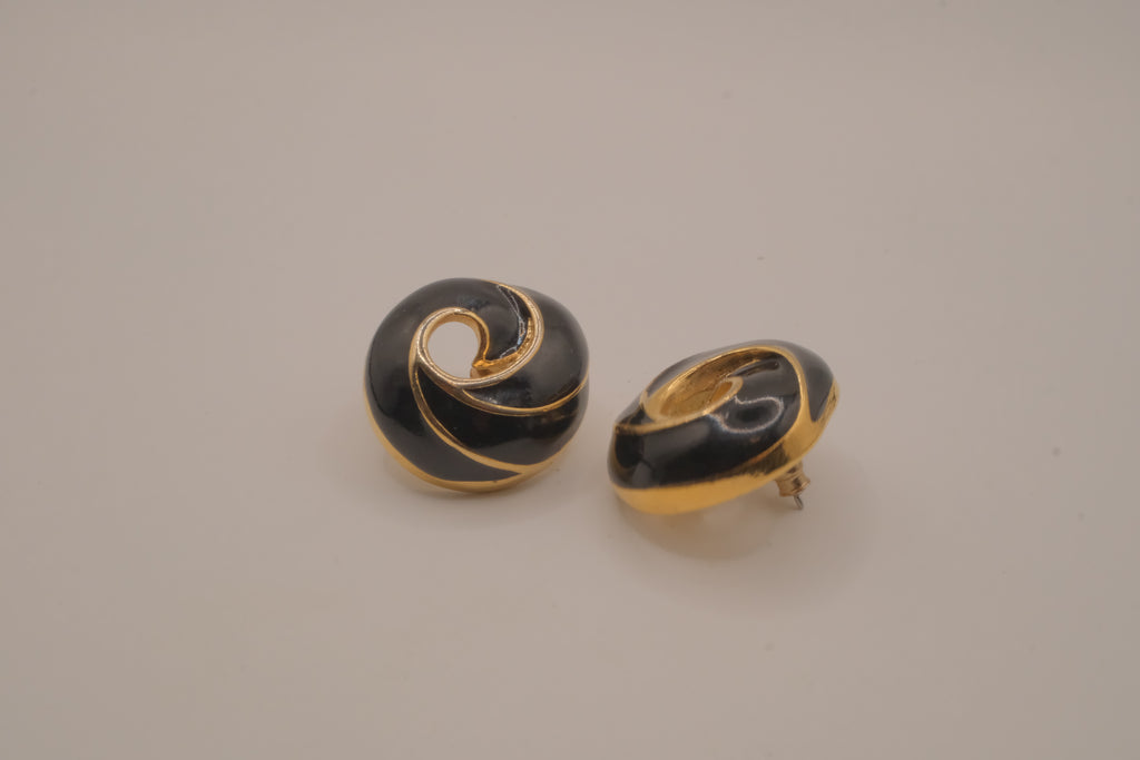 Vintage black enamel and gold-tone swirl button earrings
