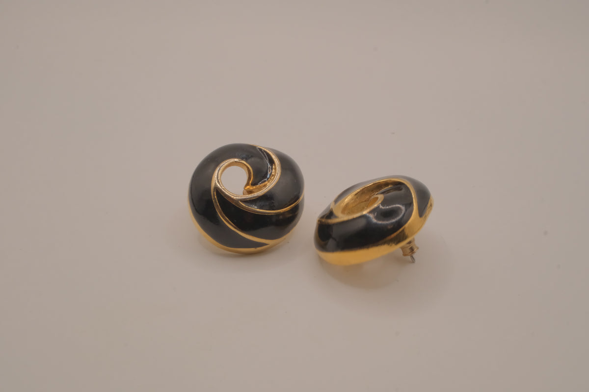 Vintage black enamel and gold-tone swirl button earrings