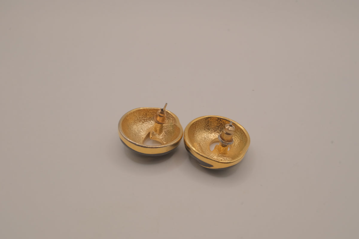 Vintage black enamel and gold-tone swirl button earrings