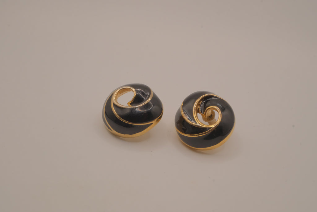 Vintage black enamel and gold-tone swirl button earrings