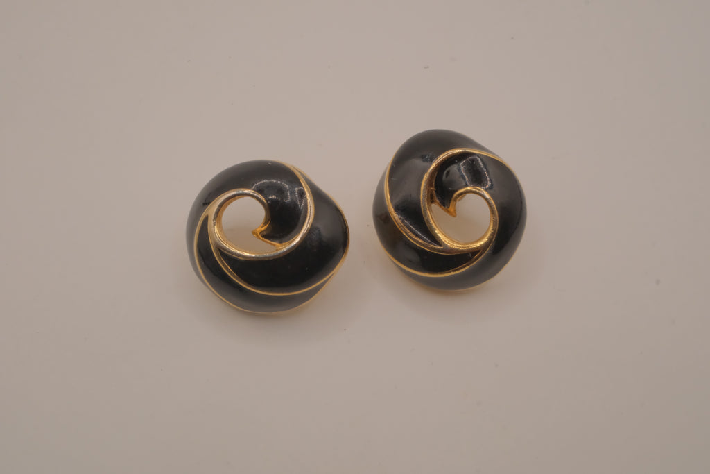Vintage black enamel and gold-tone swirl button earrings