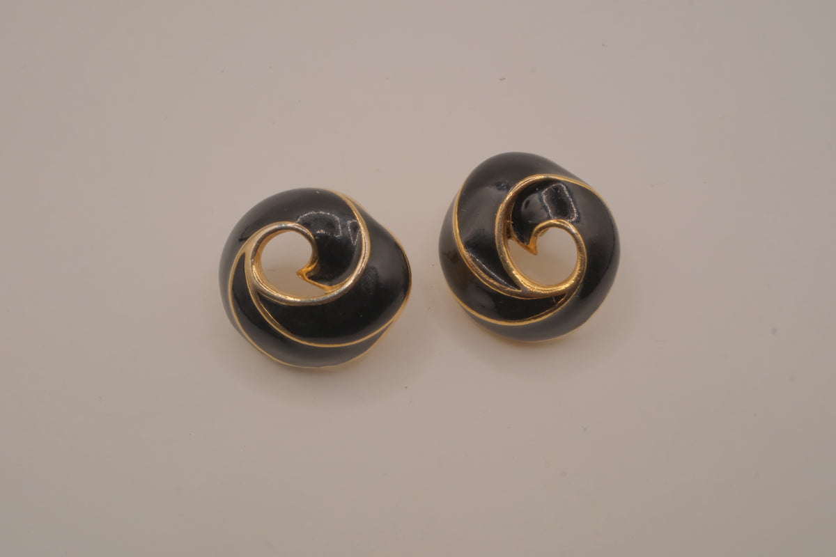 Vintage black enamel and gold-tone swirl button earrings