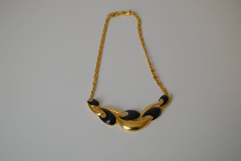 Gold tone Black enamel necklace