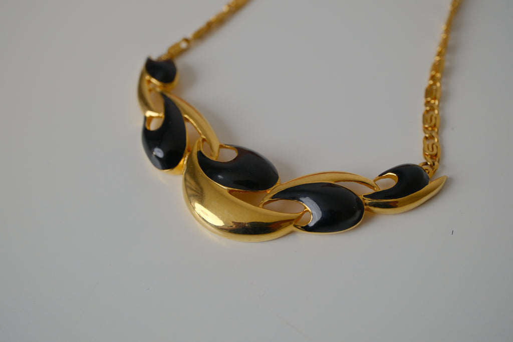 Gold tone Black enamel necklace
