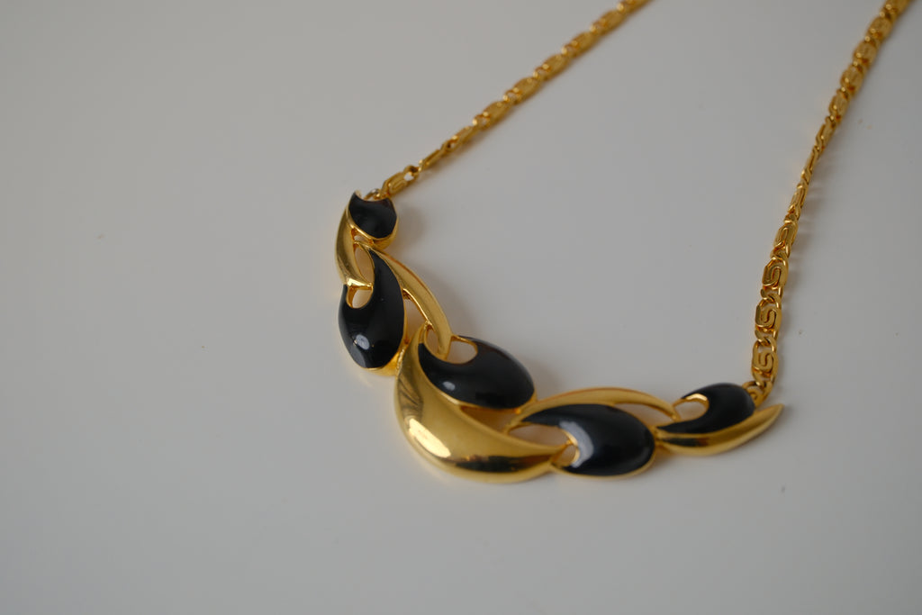 Gold tone Black enamel necklace