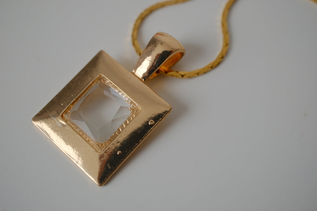 Vintage Rectagular clear crystal pendant necklace