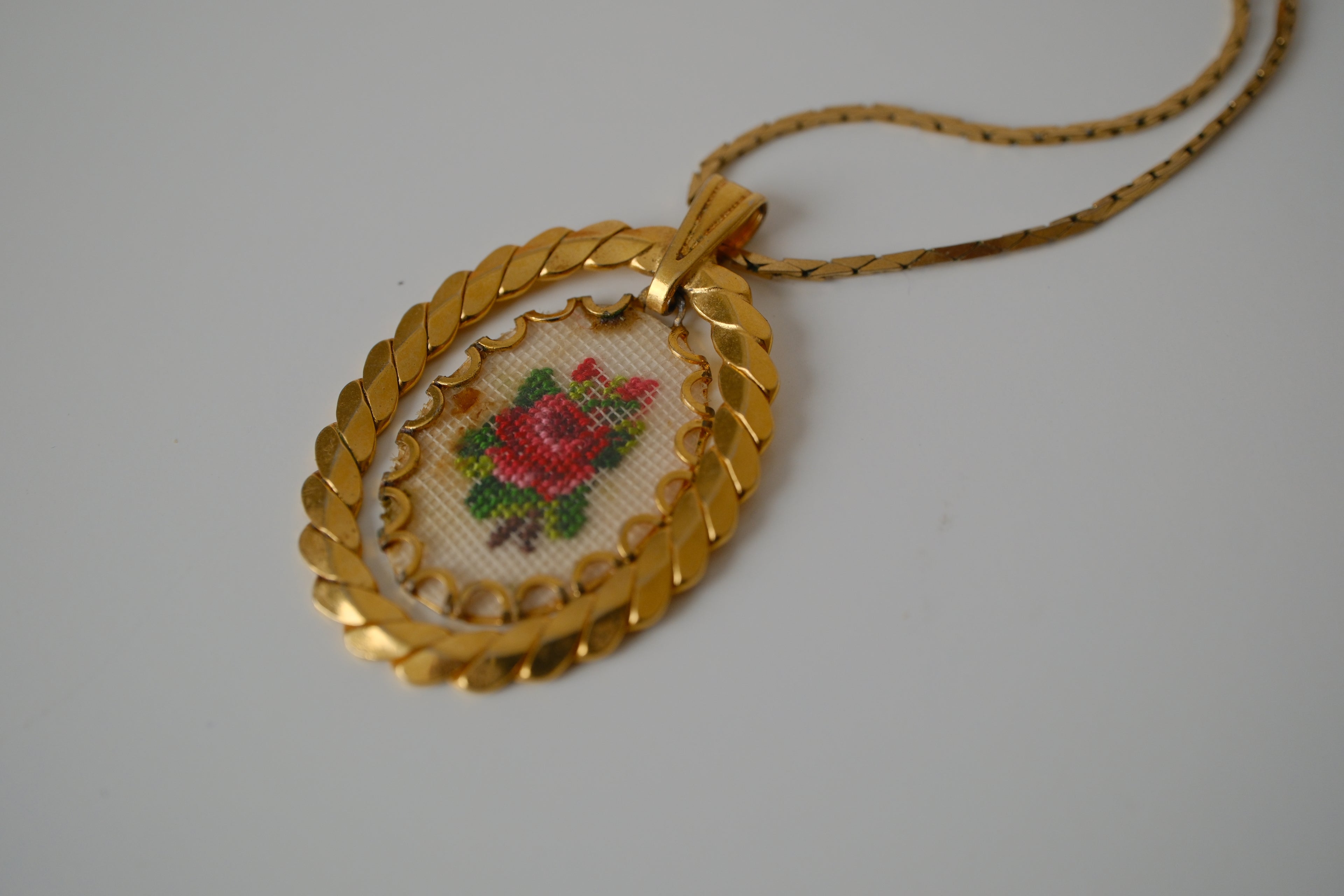 Vintage Floral petit point pendant necklace
