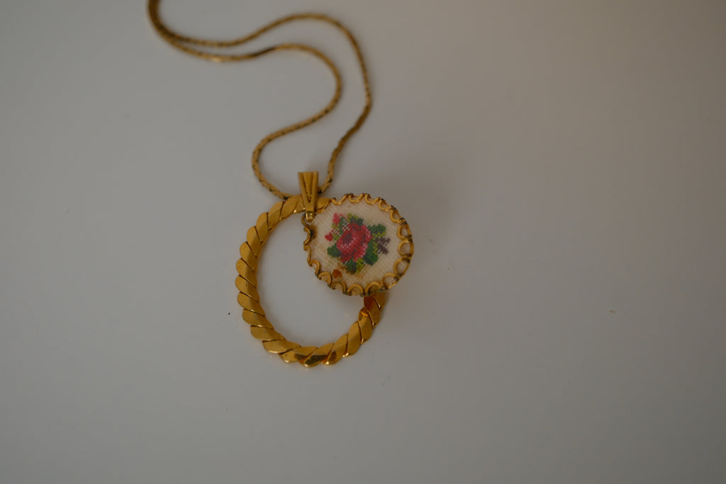 Vintage Floral petit point pendant necklace