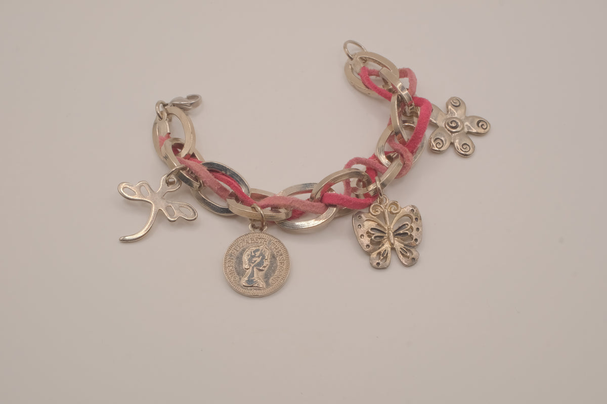 Faux suede interwoven link charm bracelet