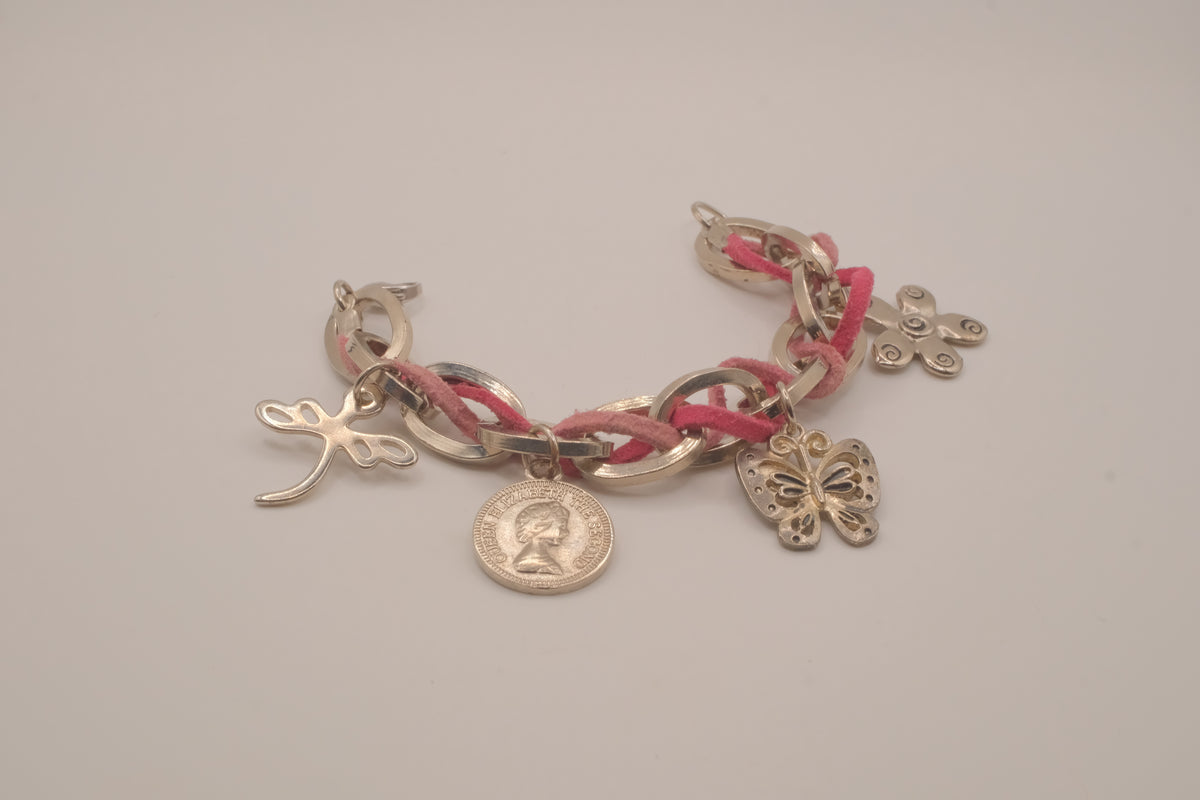 Faux suede interwoven link charm bracelet