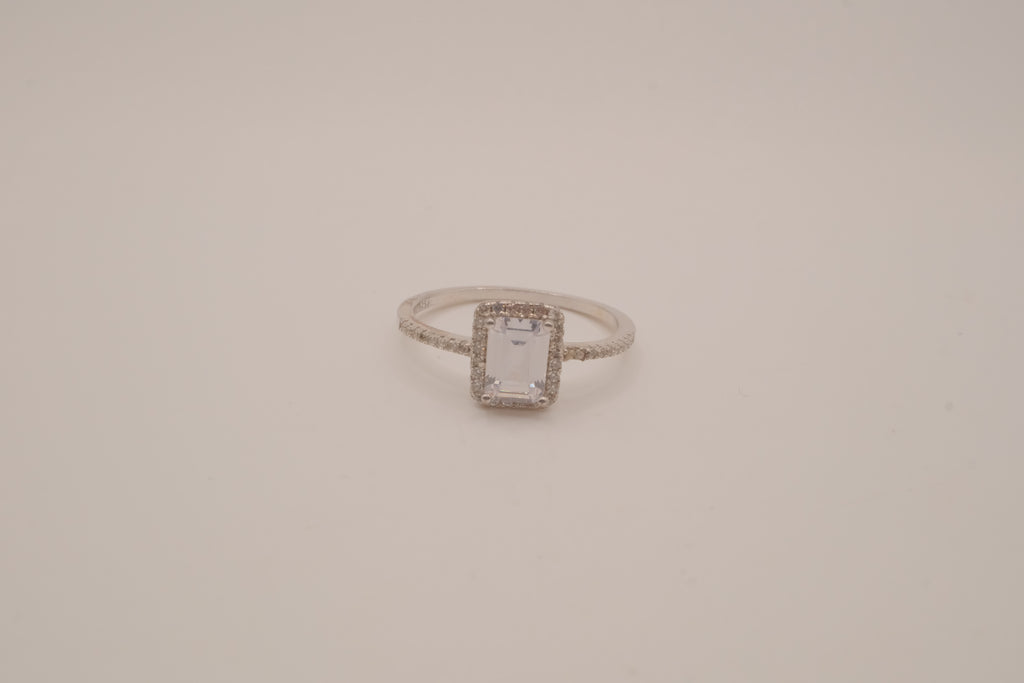 Vintage Sterling silver emerald-cut halo ring