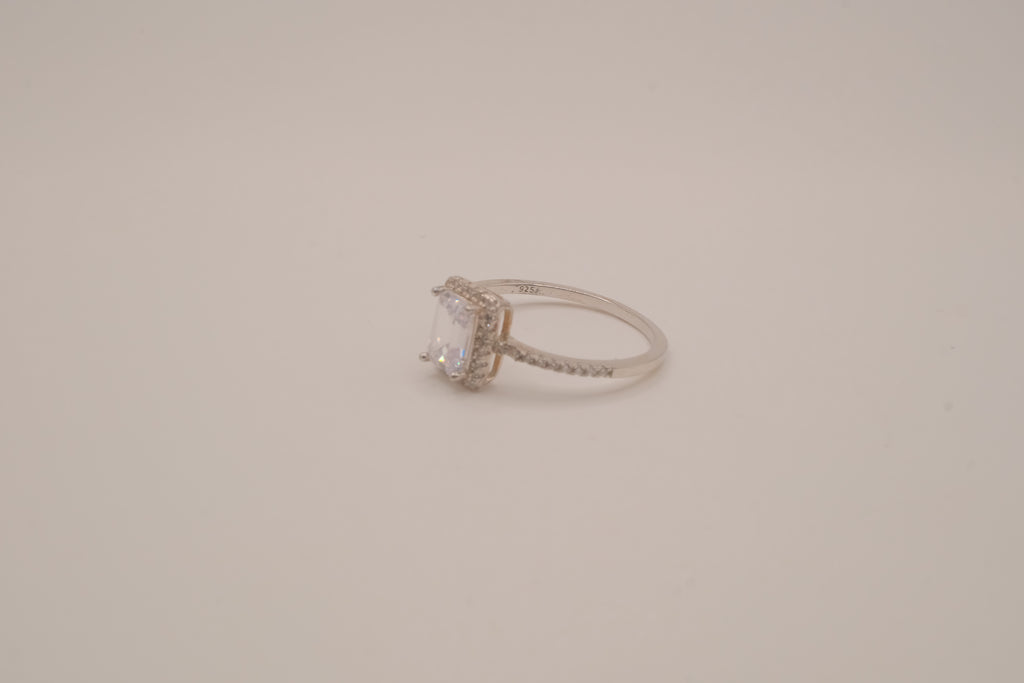 Vintage Sterling silver emerald-cut halo ring