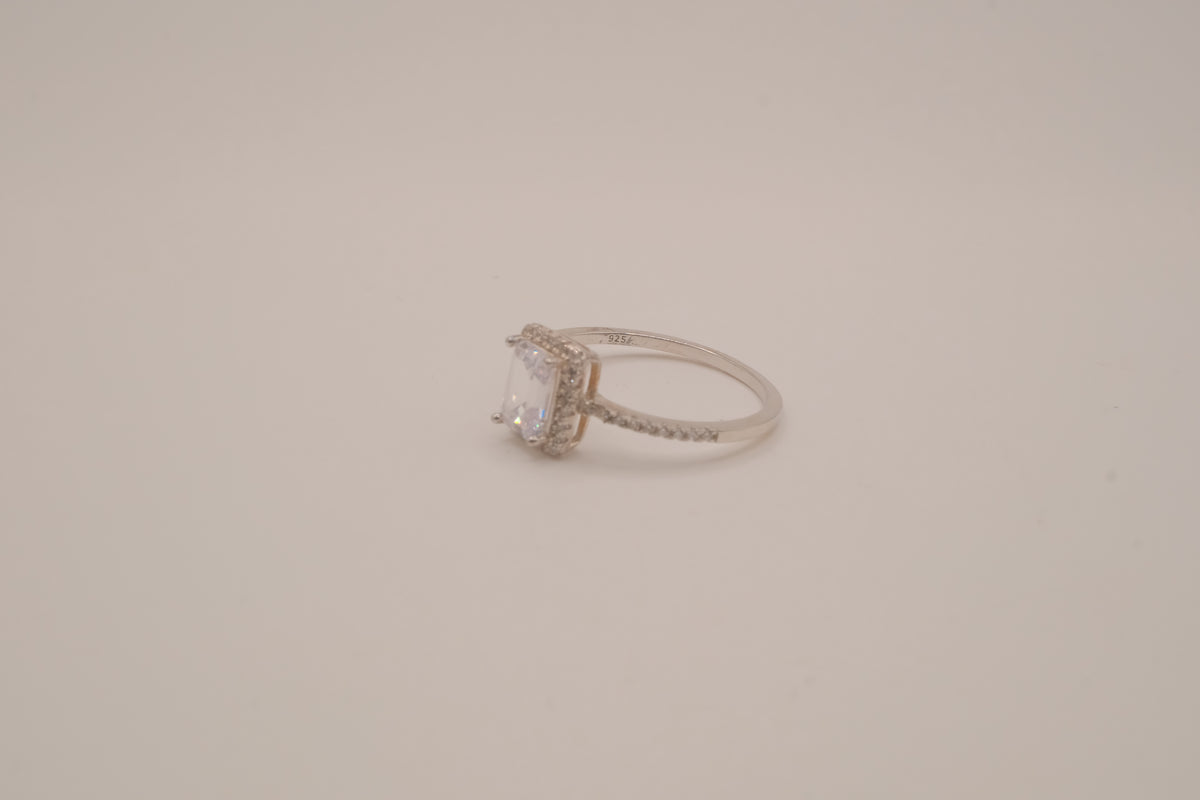 Vintage Sterling silver emerald-cut halo ring