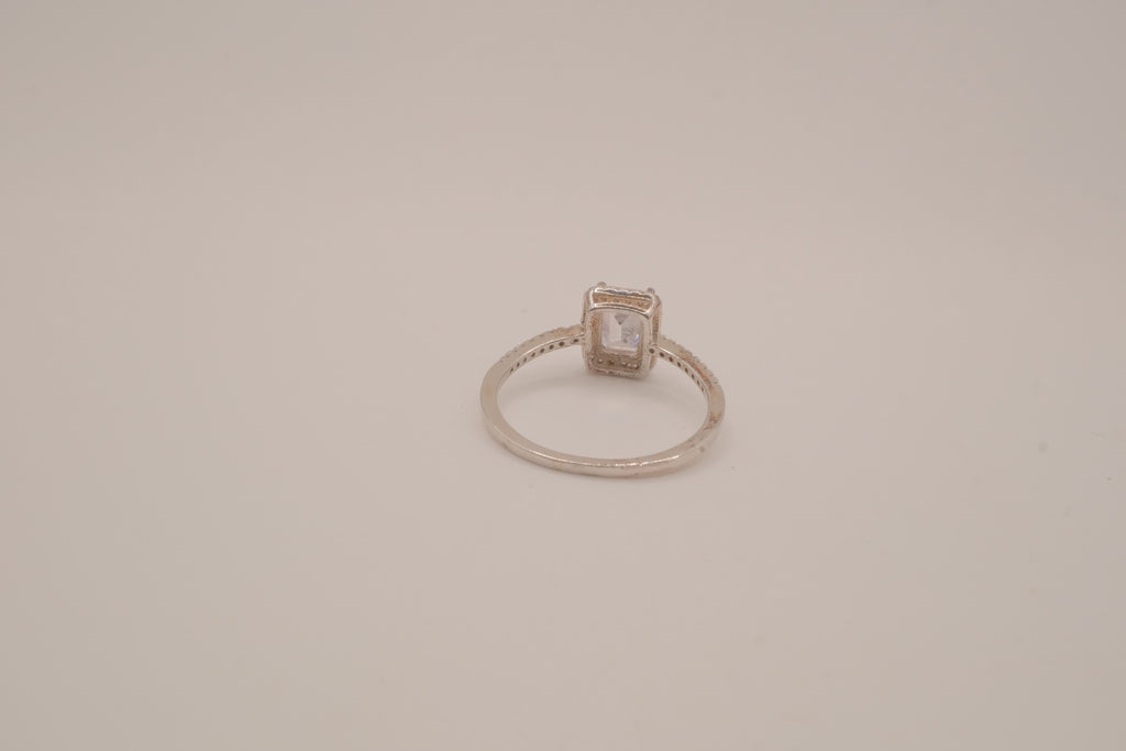 Vintage Sterling silver emerald-cut halo ring