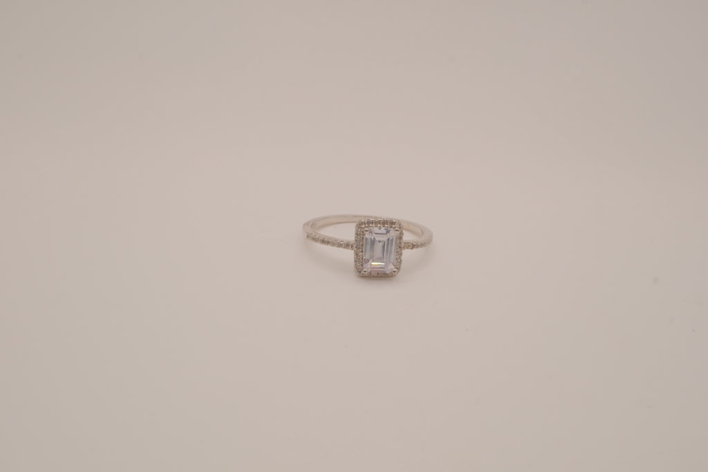 Vintage Sterling silver emerald-cut halo ring