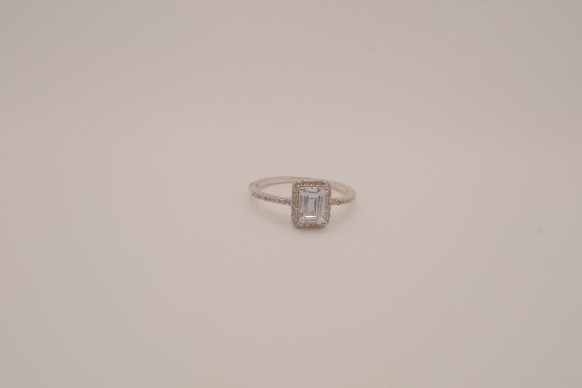 Vintage Sterling silver emerald-cut halo ring