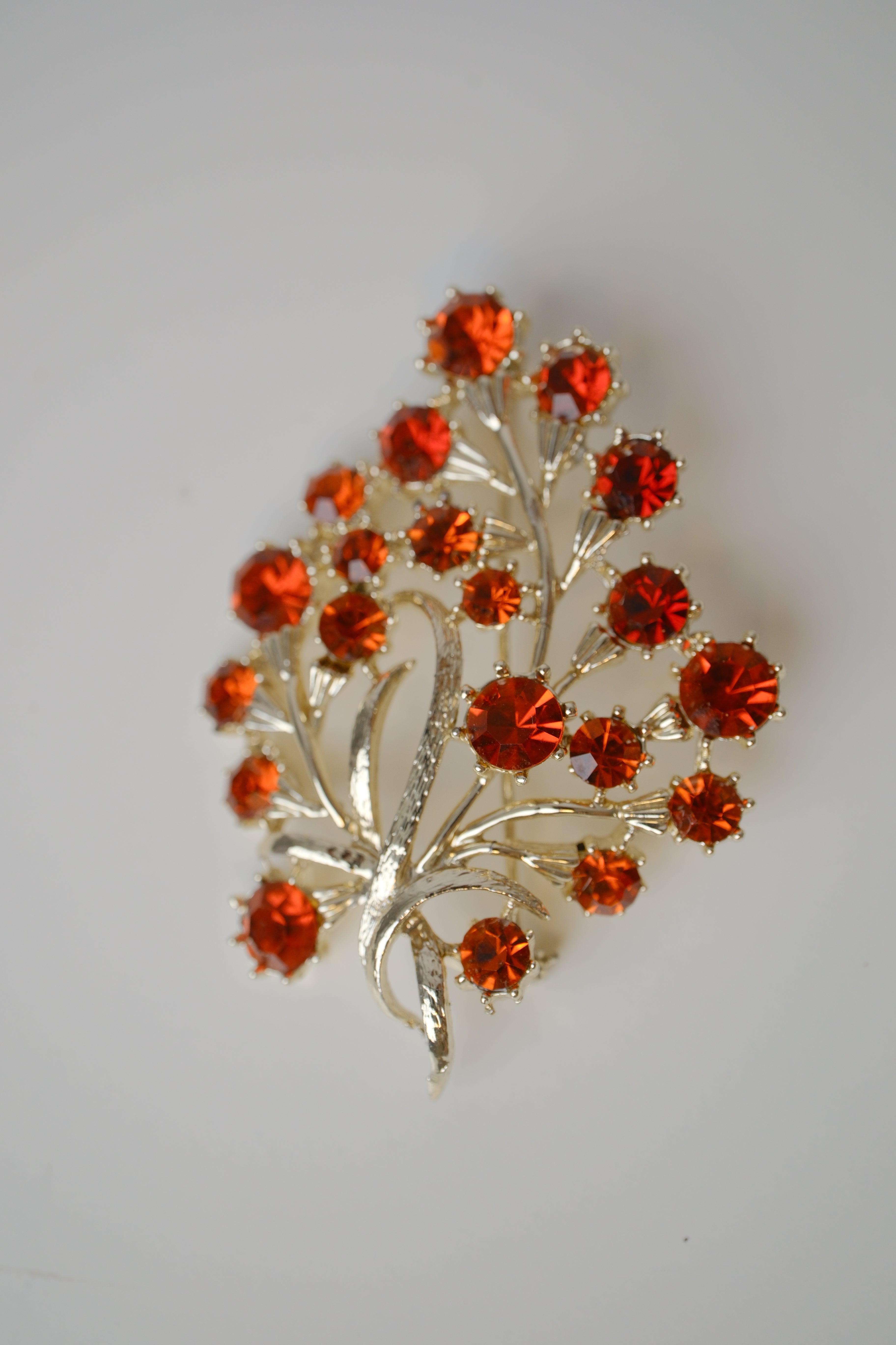 Vintage Coro floral Orange rhinestone brooch
