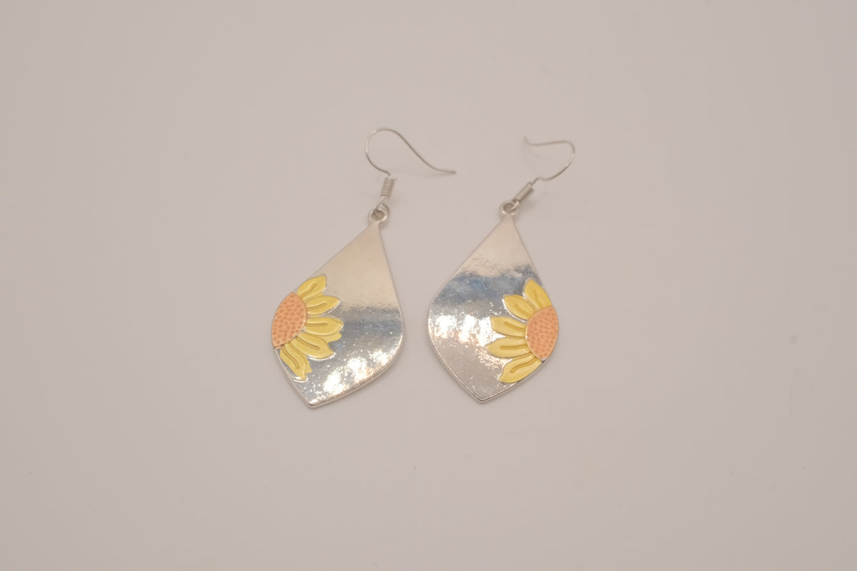 Boho metallic teardrop sunflower dangle earrings