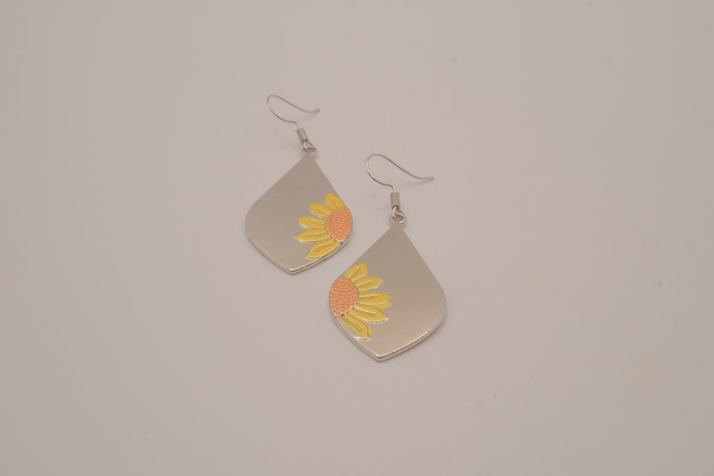 Boho metallic teardrop sunflower dangle earrings