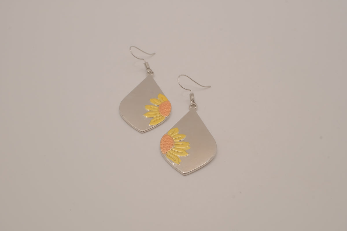 Boho metallic teardrop sunflower dangle earrings