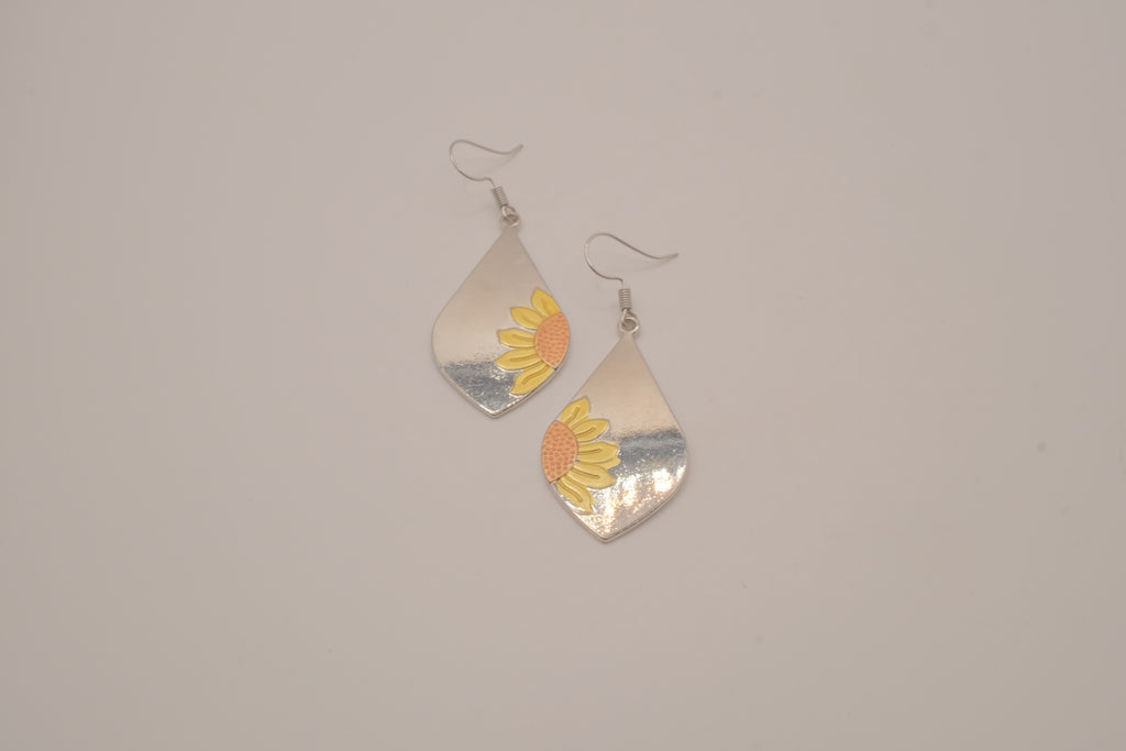 Boho metallic teardrop sunflower dangle earrings