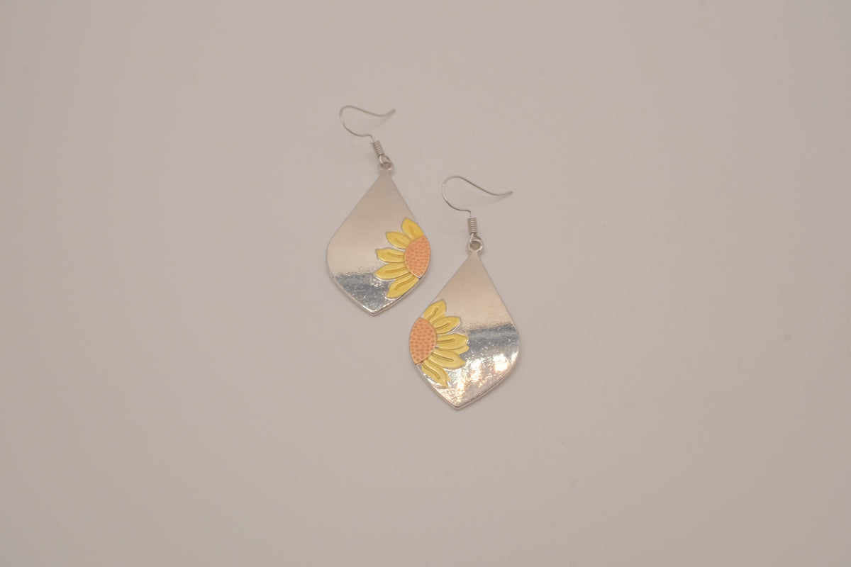 Boho metallic teardrop sunflower dangle earrings