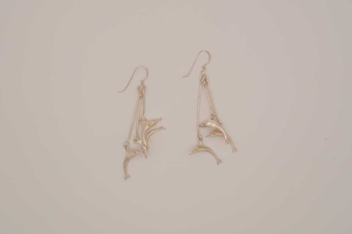 Vintage sterling silver double dolphin dangle earrings
