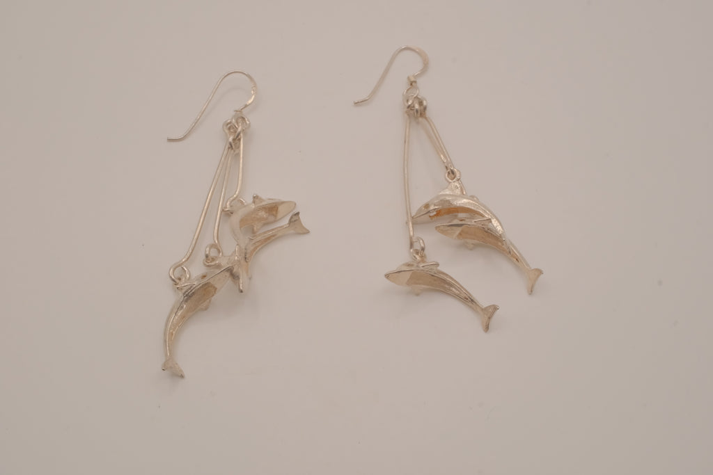 Vintage sterling silver double dolphin dangle earrings
