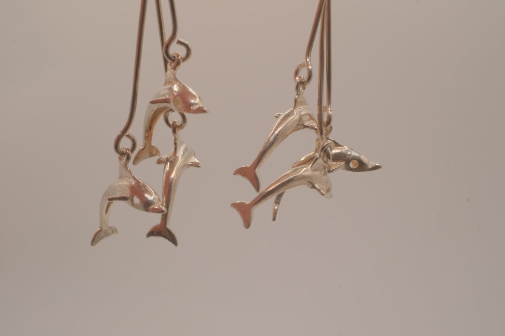 Vintage sterling silver double dolphin dangle earrings