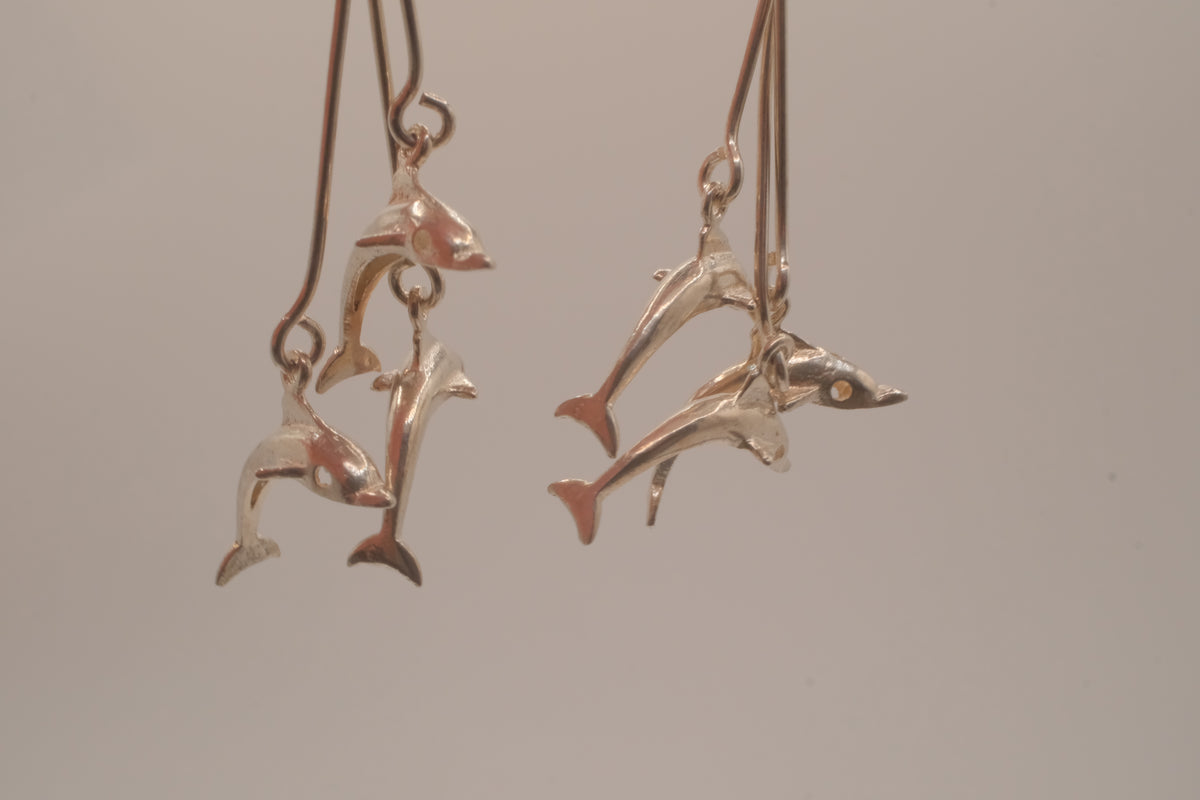 Vintage sterling silver double dolphin dangle earrings