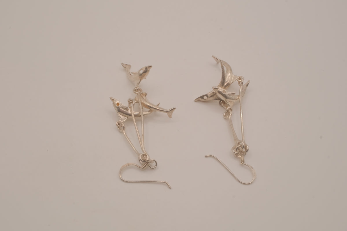 Vintage sterling silver double dolphin dangle earrings