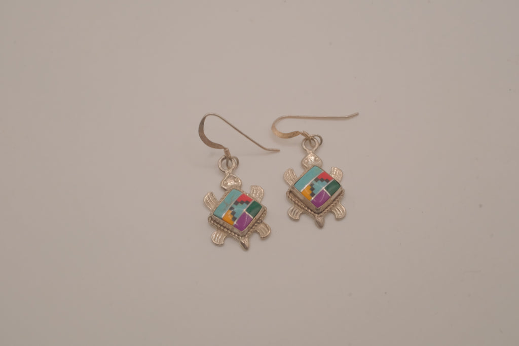 Southwestern-style sterling silver turtle dangle earrings