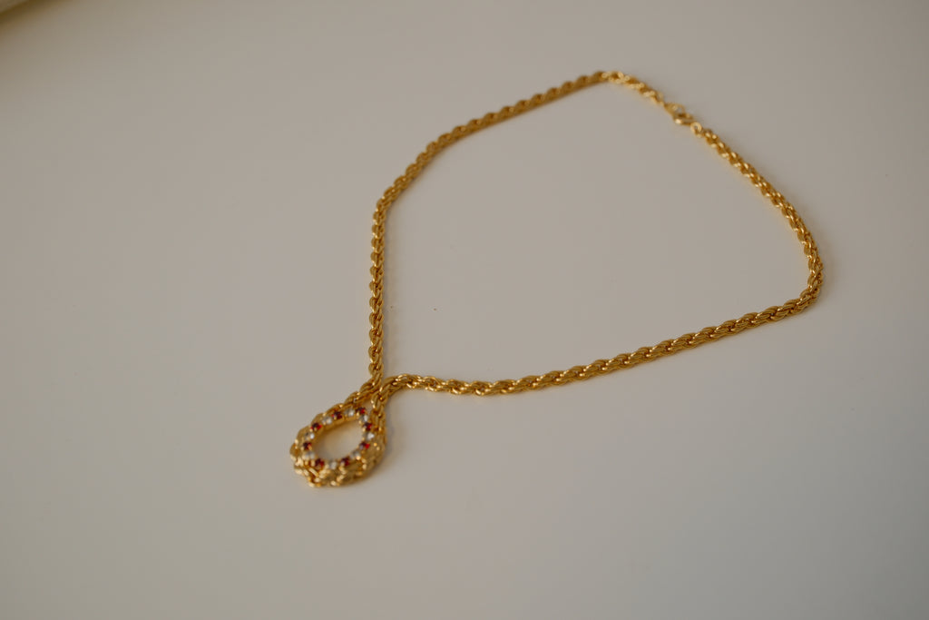 Vintage Braided chain with Red and white gemstone pendant