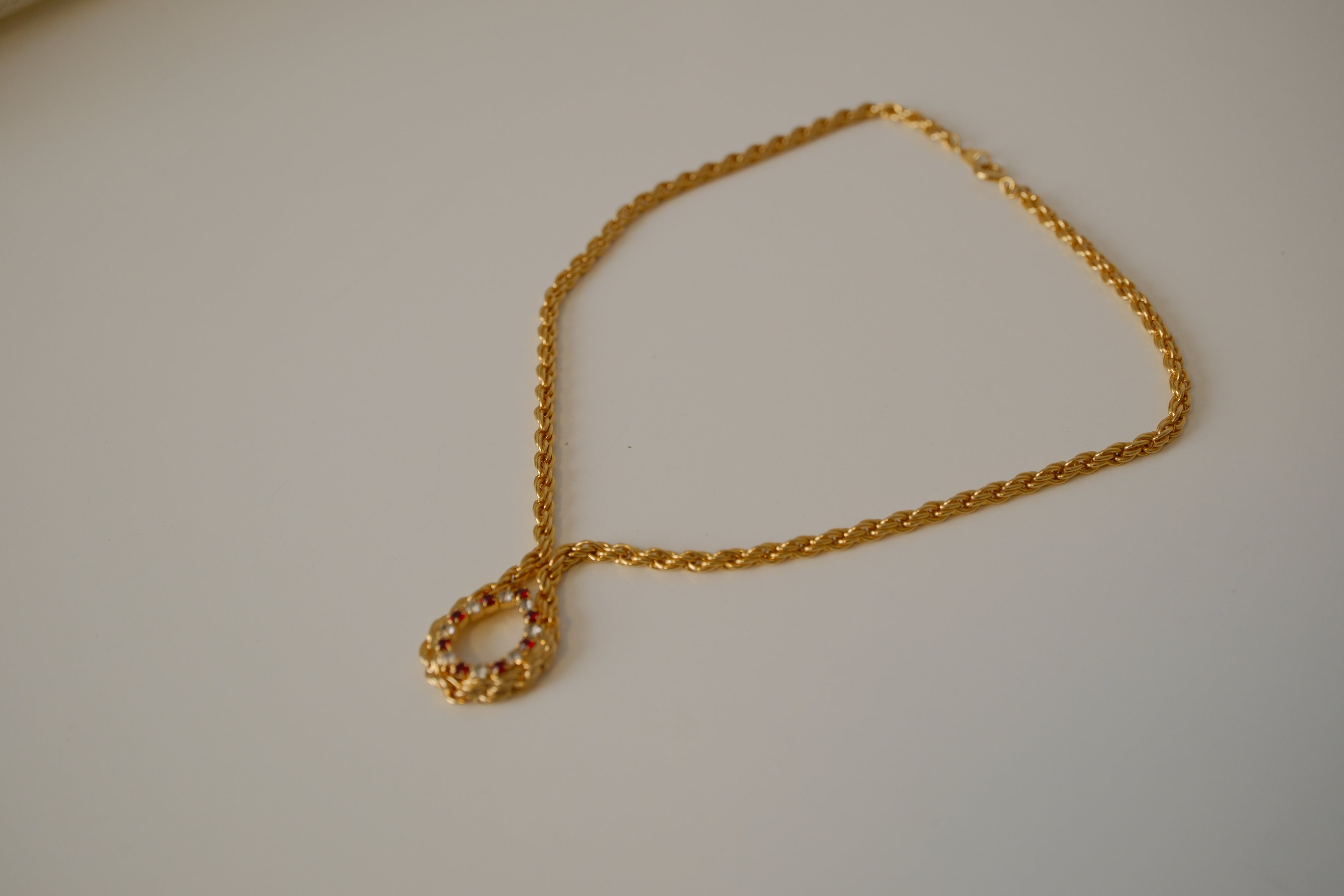 Vintage Braided chain with Red and white gemstone pendant