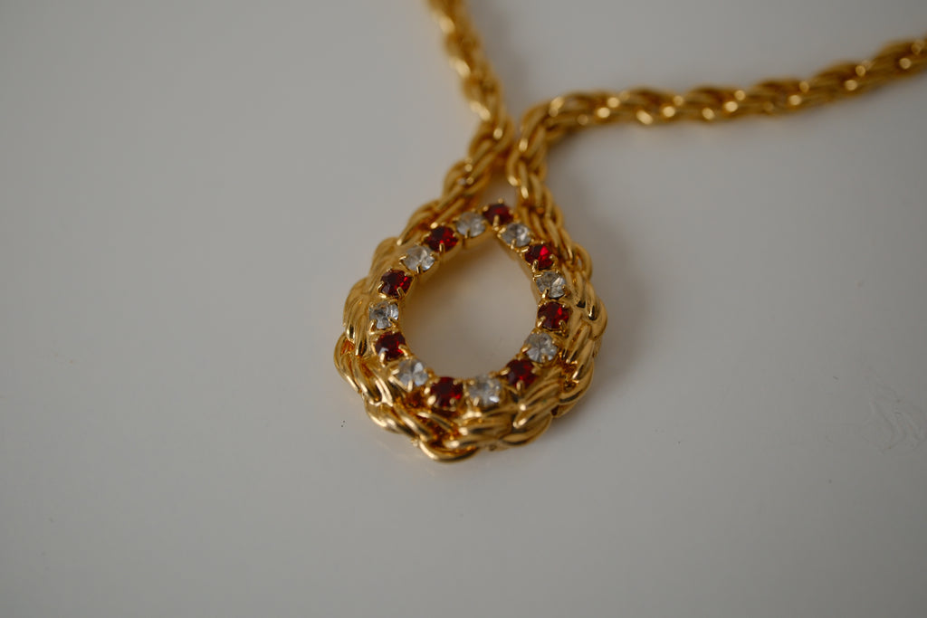 Vintage Braided chain with Red and white gemstone pendant