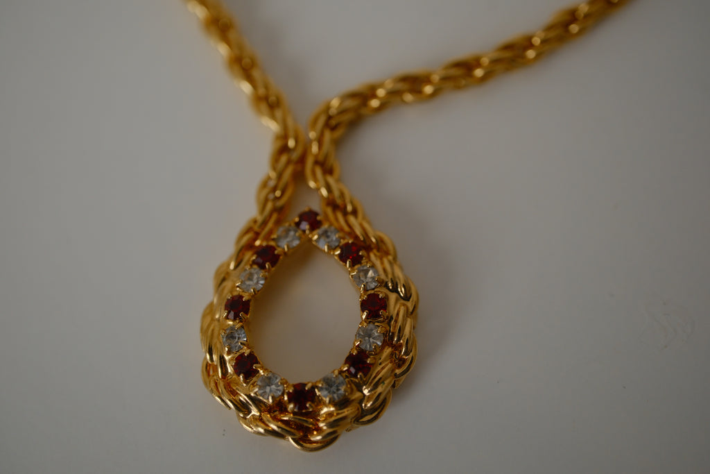 Vintage Braided chain with Red and white gemstone pendant