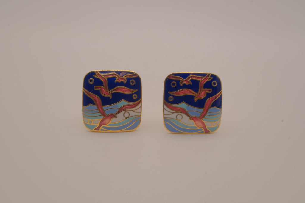 Vintage cloisonné enamel Seagull clip-on earrings